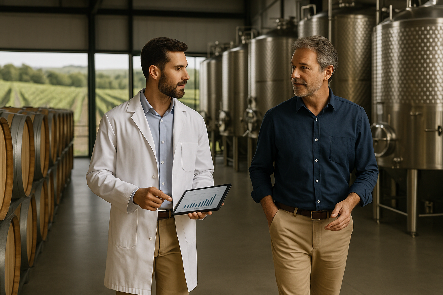 Contact winemaking experts discussing strategy on a modern winery production floor with barrels, tanks, and vineyard views in the background.
