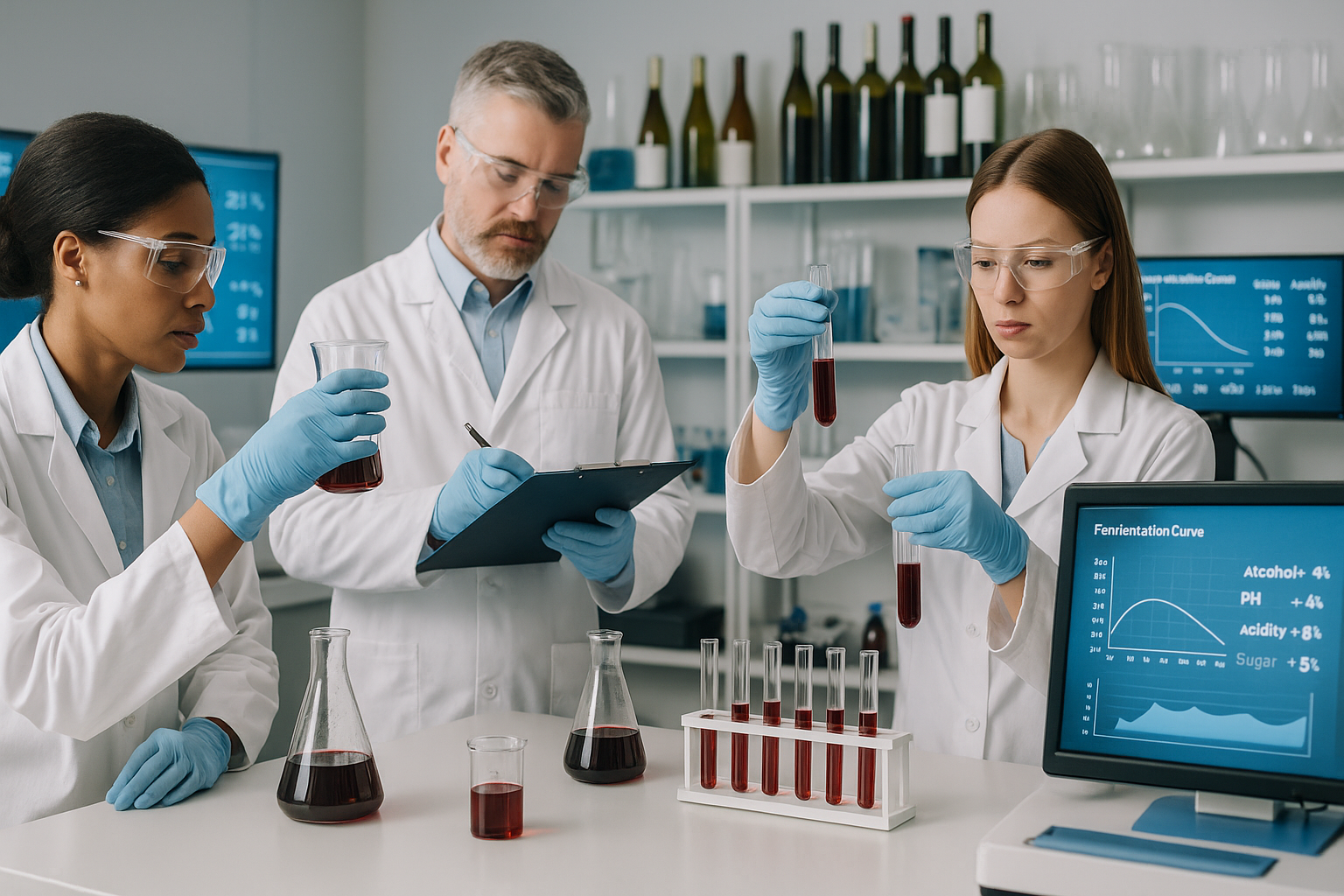 Advanced wine analysis laboratory — Enoconcept technicians in lab coats using modern equipment to test wine samples, monitor fermentation curves, and ensure premium wine quality