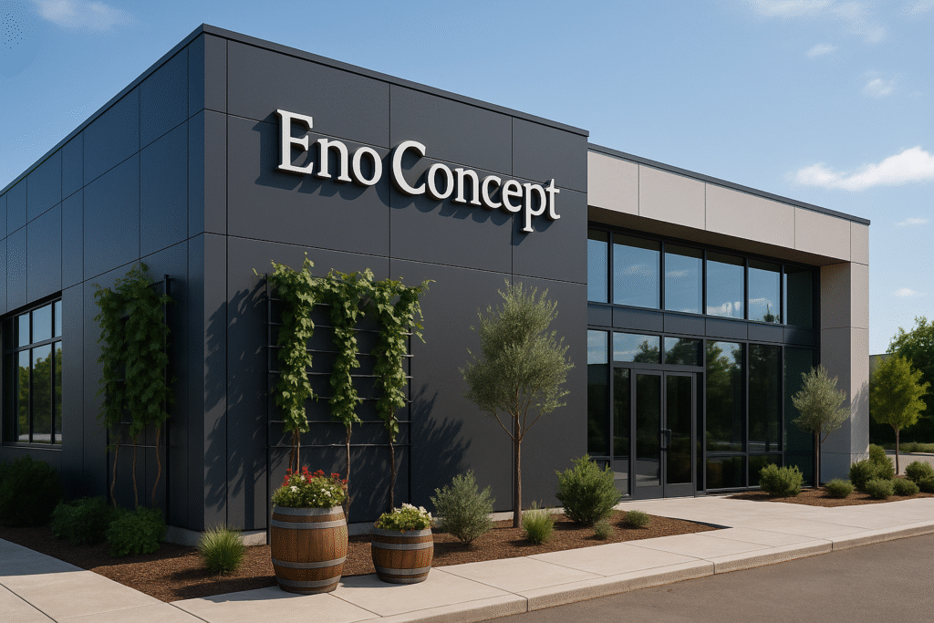 Modern Enoconcept company headquarters building with glass facade, sleek architecture, and elegant ‘Eno Concept’ signage, surrounded by wine-inspired landscaping with grapevines and wine barrel planters