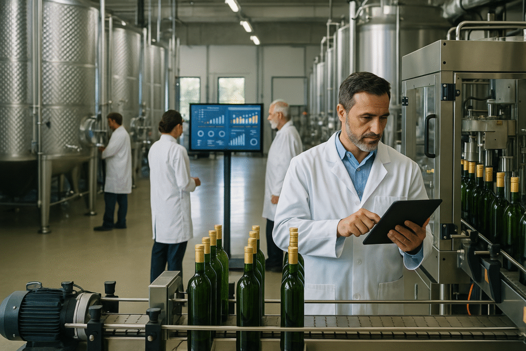 Modern winery production facility — Enoconcept workers monitoring winemaking equipment, fermentation tanks, and automated bottling systems for optimized production efficiency