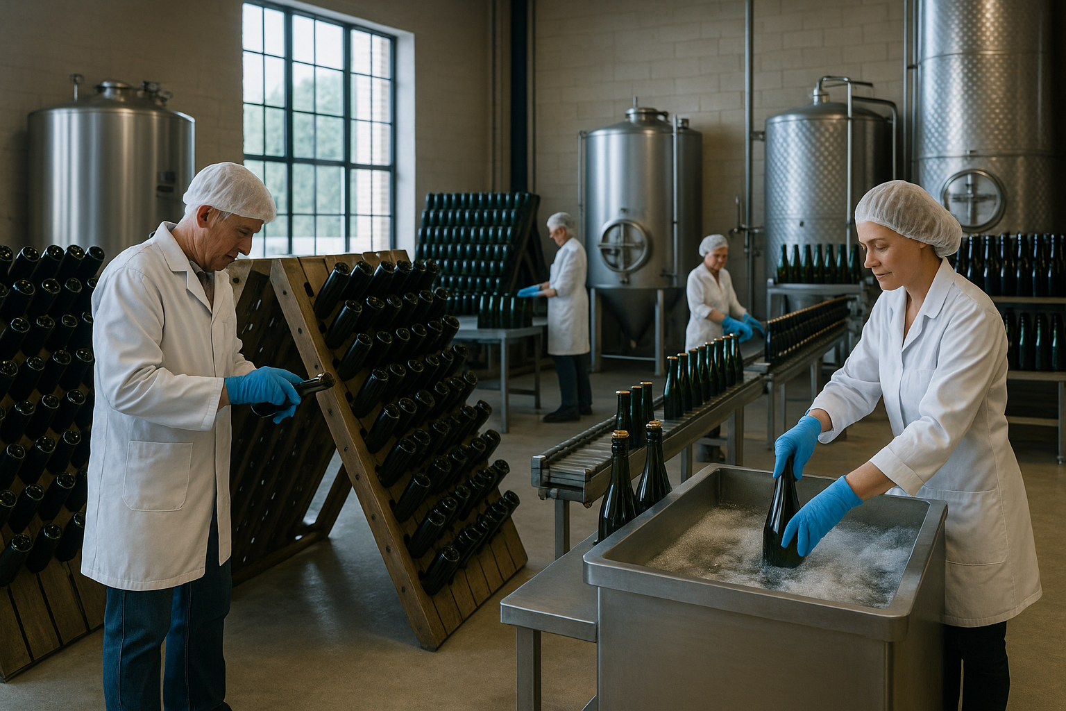 Sparkling wine production using méthode traditionnelle — Enoconcept workers rotating bottles on riddling racks, preparing disgorging, and managing corking and wire-caging processes