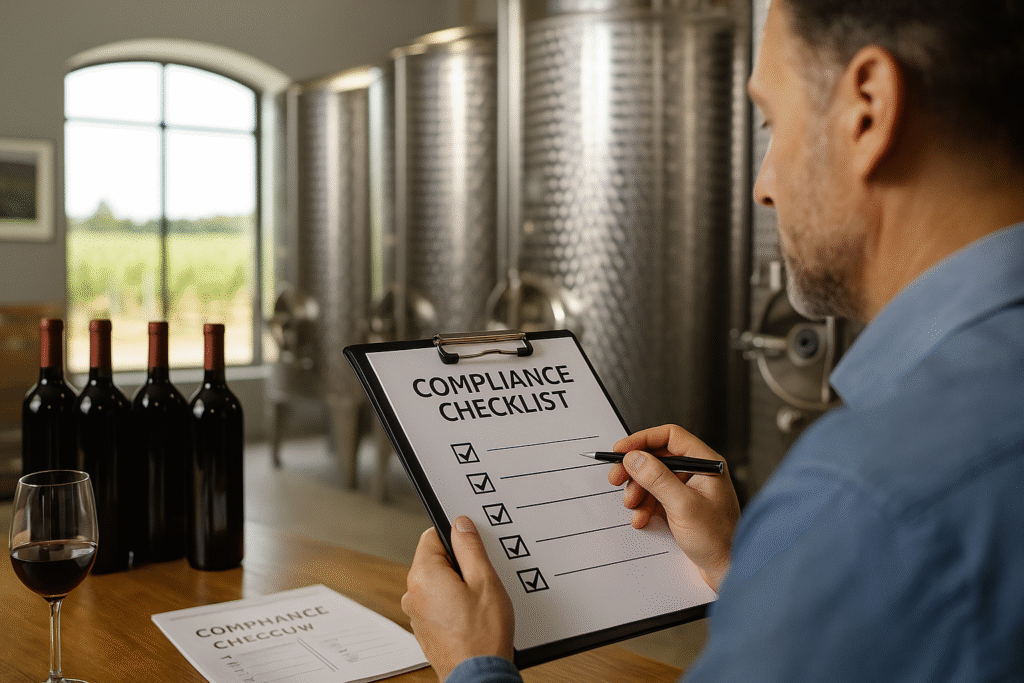winery representatives reviewing export compliance documents for 2025 inside a modern winery office