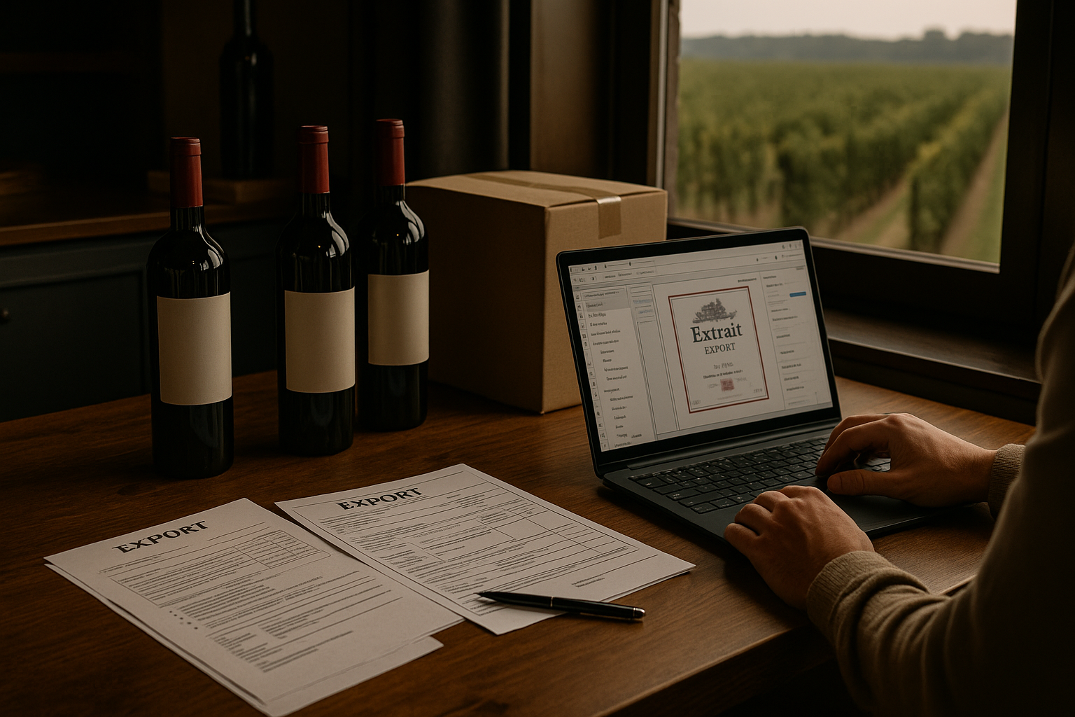Person reviewing export-ready wineries documents and wine labels at a winery desk, preparing for international wine shipment
