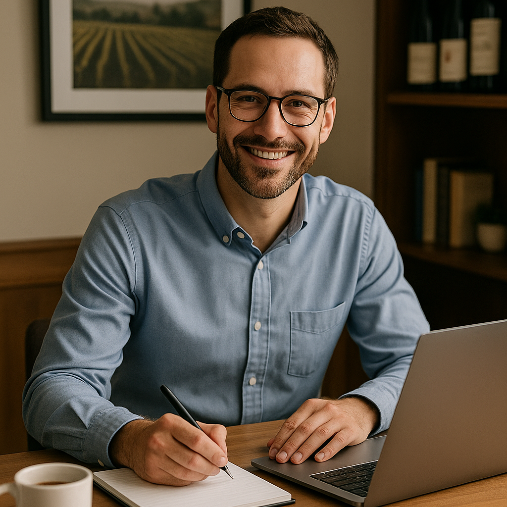 Contact winemaking experts for answers — a friendly winery consultant sits at a desk with a laptop and “FAQ & Support” brochure, ready to assist clients in a warm, wine-themed setting.