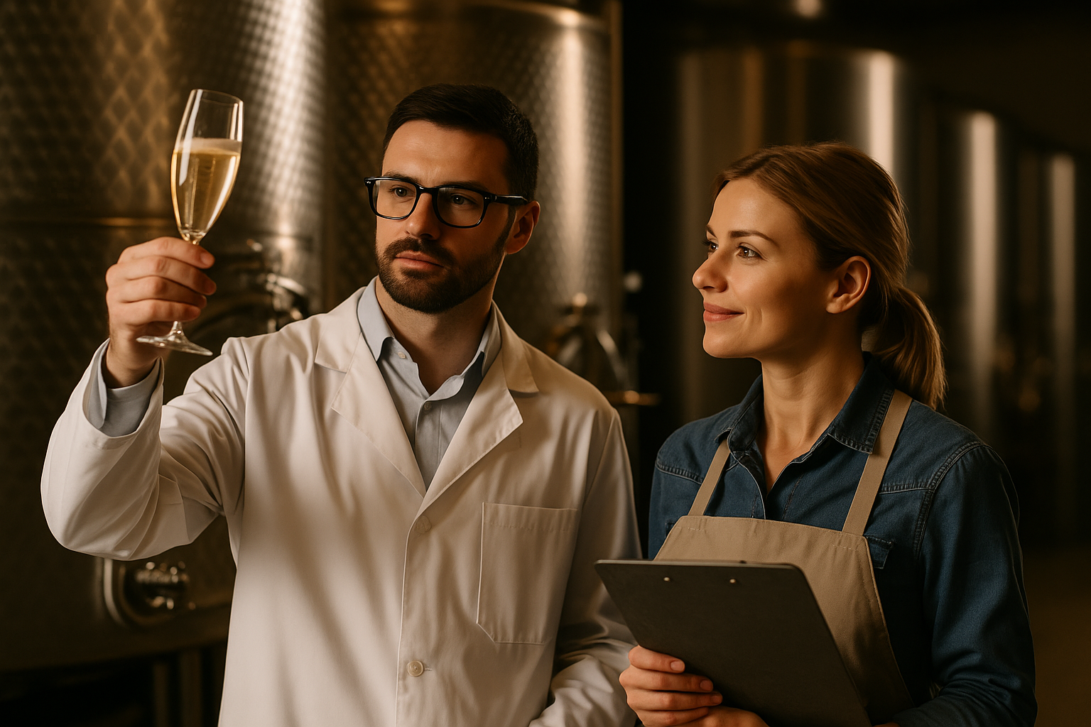 Sparkling wine production experts inspecting fermentation tanks in a modern winery