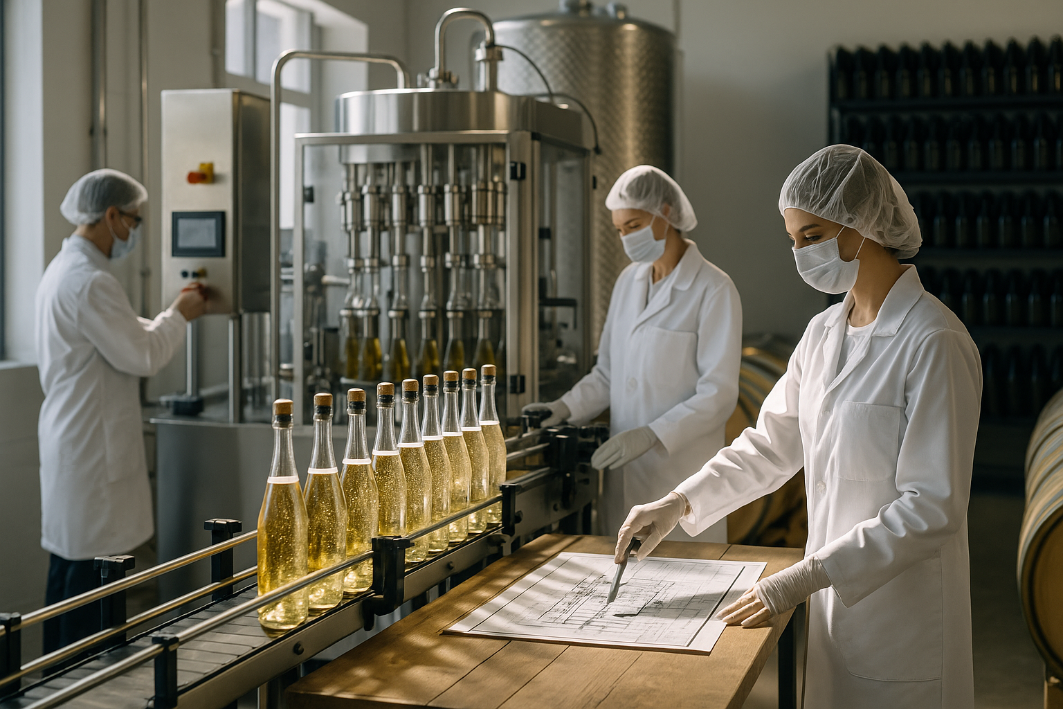 sparkling wine production in a modern winery – Two winemakers oversee sparkling wine bottling in a clean, sunlit facility with stainless steel tanks and stacked bottles