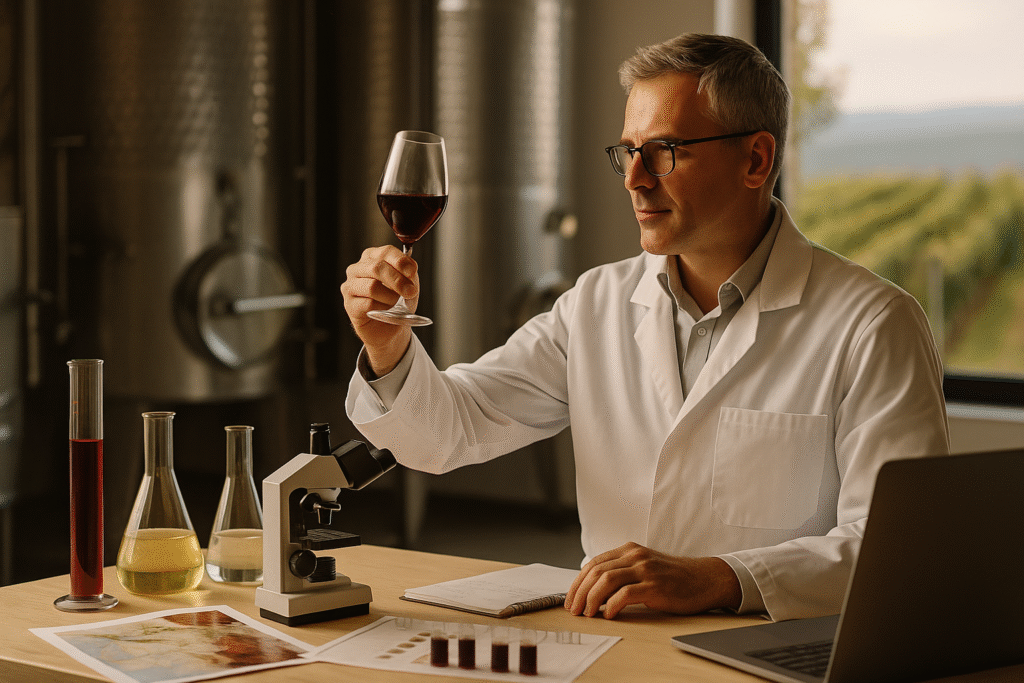 Why wine analysis is crucial for consistency and quality – a wine lab specialist examining samples with precision instruments in a modern testing room, conveying trust, accuracy, and high production standards.