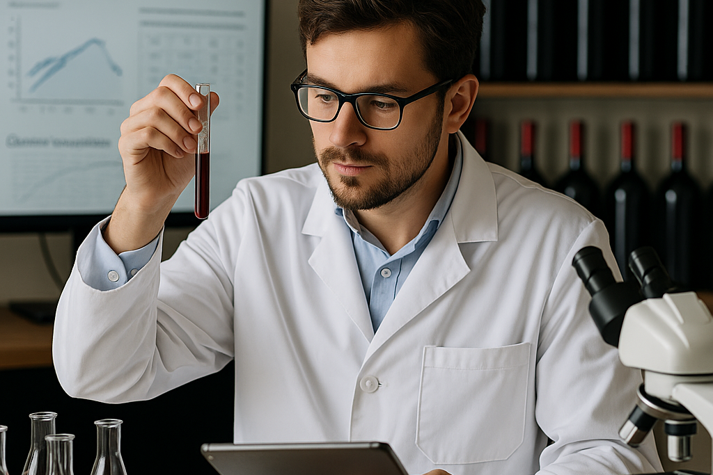 Wine Lab Analysis with Modern Equipment — A professional winery technician analyzing wine samples in a laboratory with advanced testing instruments, symbolizing precision and quality in wine analysis.