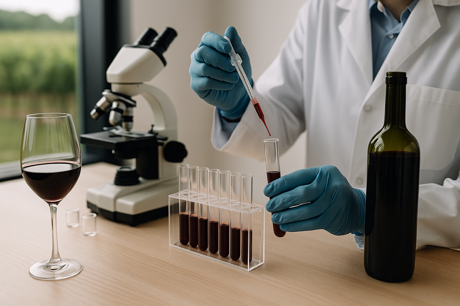 Winemaker performing pH and SO₂ analysis in a lab to ensure wine quality control is done properly