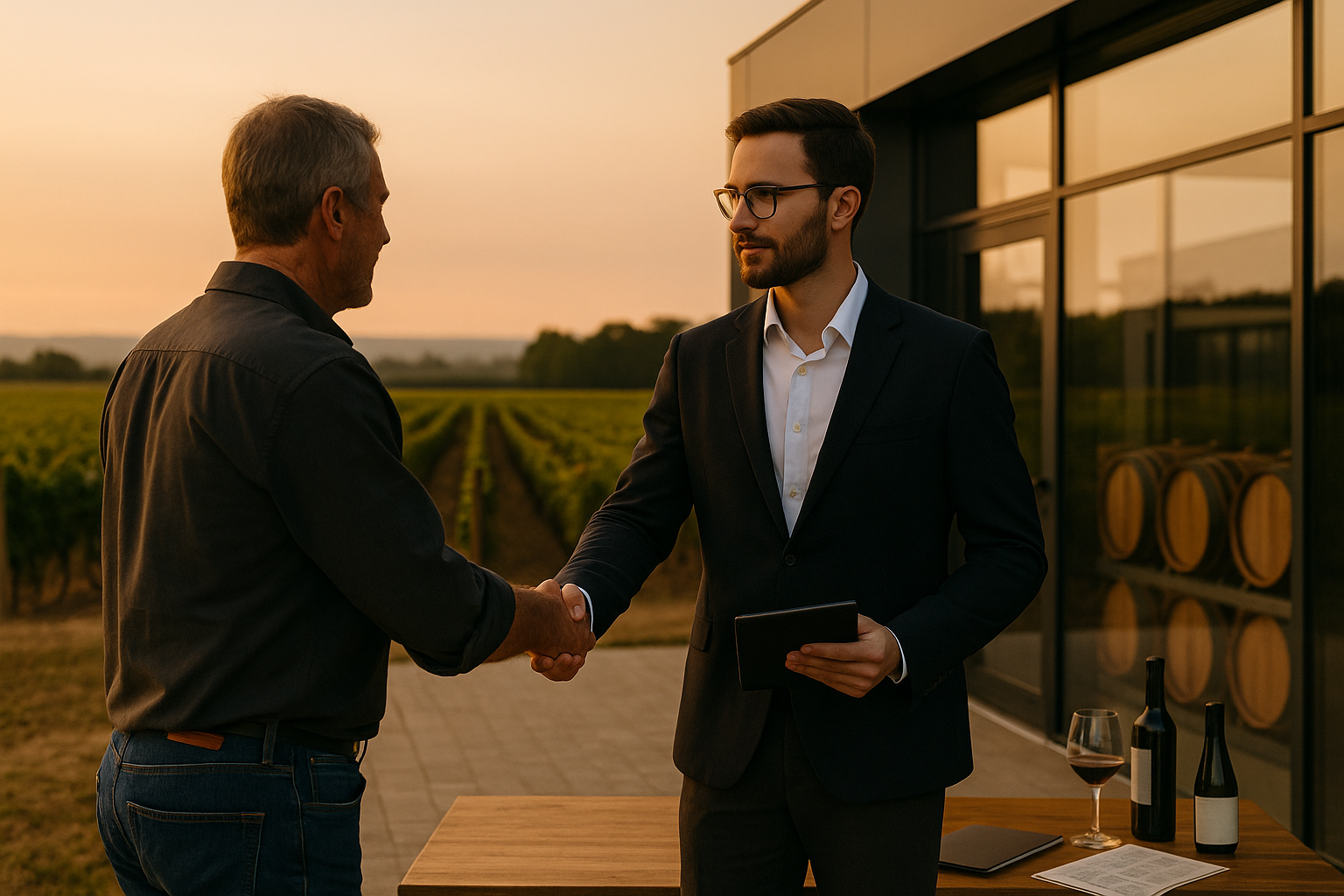 A winemaking blog moment captured as a winery consultant and vineyard owner shake hands outside a modern facility, symbolizing expert collaboration and global insight.