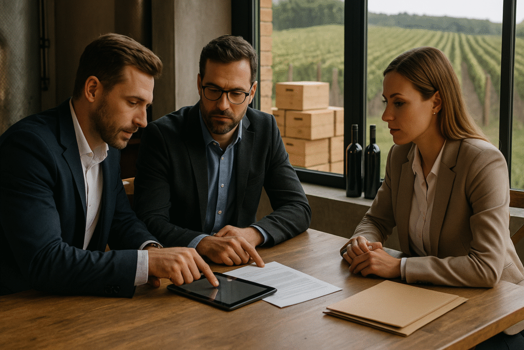 Three wine professionals engaged in a wine export consulting meeting inside a modern winery office, reviewing shipment documents with vineyards and wine crates in the background.